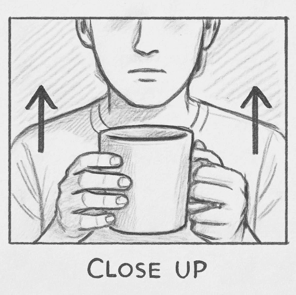 A simple hand-drawn storyboard panel showing a Close Up of a person holding a coffee mug, with arrows indicating a slight zoom-in.