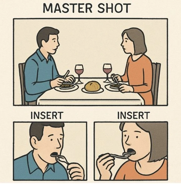 A simple illustration showing a wide 'Master Shot' of a dinner table, with two smaller 'insert' boxes showing the close-ups of each person eating.