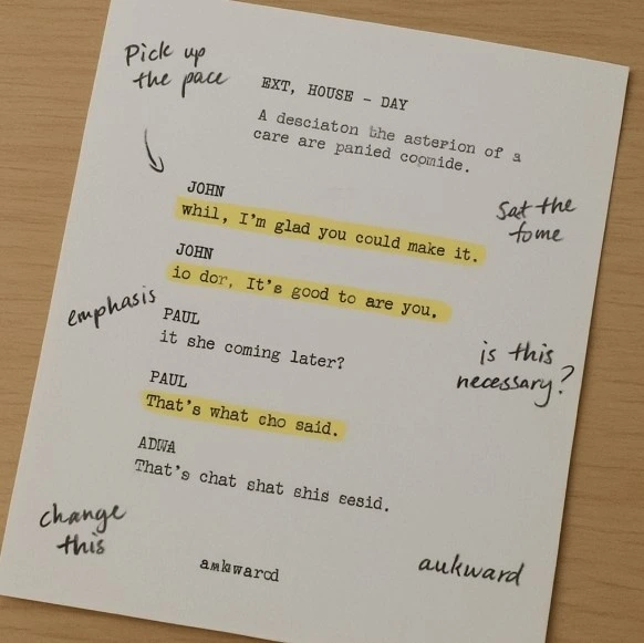 A simple photo of a script with handwritten notes in the margins and highlighted lines.