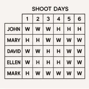 A simplified grid showing character names on the left and shoot days across the top with 'W' and 'H' letters in the boxes.