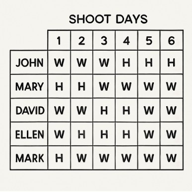 A simplified grid showing character names on the left and shoot days across the top with 'W' and 'H' letters in the boxes.