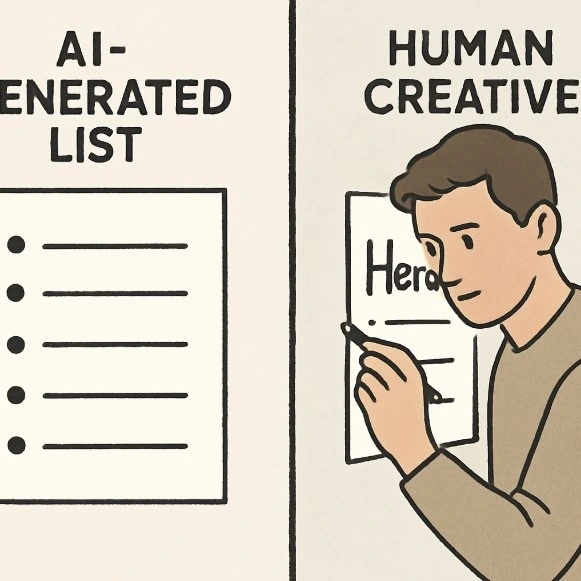 A split-screen graphic showing an AI-generated list on one side and a person adding a creative 'Hero' shot on the other.