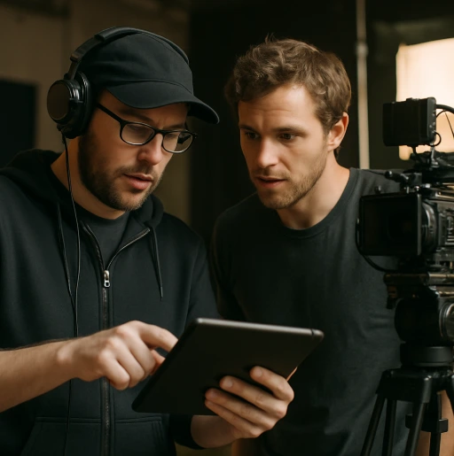 A director and a camera operator looking at a tablet together on a set, discussing a plan.