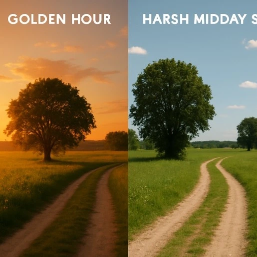 A side-by-side comparison of a scene shot in 'Golden Hour' vs harsh midday sun to show the visual difference.