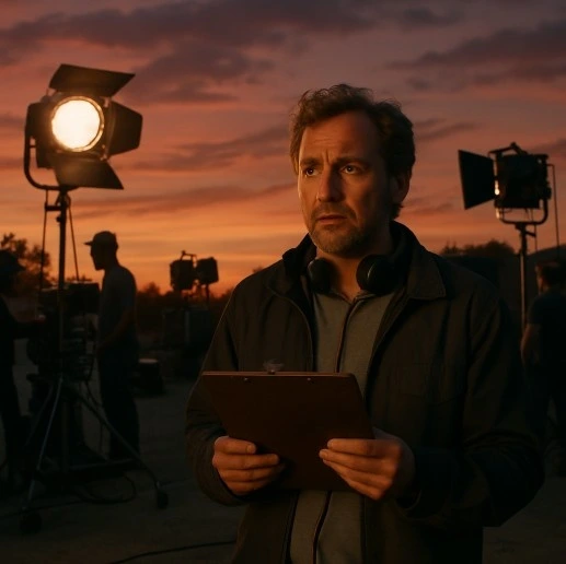 A busy film set at dusk with a worried director looking at a sunset and a clipboard.