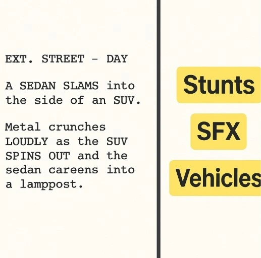 A split-screen showing a script excerpt on the left (describing a car crash) and a highlighted list of its elements (Stunts, SFX, Vehicles) on the right.