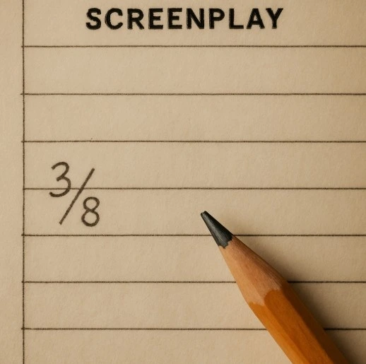 A close-up of a screenplay page with horizontal lines dividing it into eight equal sections and a pencil marking '3/8' in the margin.