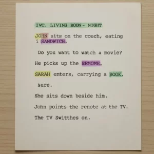 A photograph of a script page with various elements highlighted in different colors (e.g., purple for props, yellow for characters).