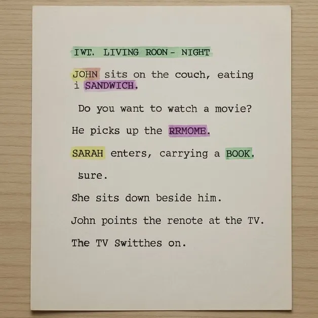 A photograph of a script page with various elements highlighted in different colors (e.g., purple for props, yellow for characters).