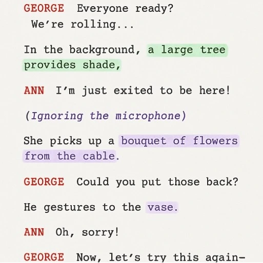 A professionally lined script page showing different colored highlights (Red for Cast, Purple for Props, Green for Greenery).