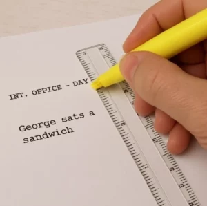 A hand holding a yellow highlighter and a ruler, drawing a vertical line through a short block of script action.