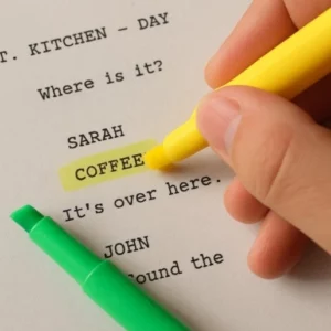 A hand using a yellow highlighter to mark a character name and a green highlighter to mark a 'coffee mug' on a printed script.