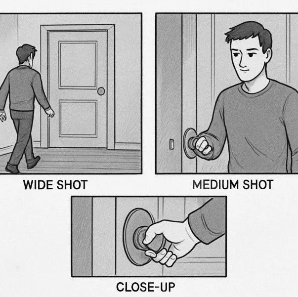 A simple three-panel storyboard showing a 'Wide Shot,' a 'Medium Shot,' and a 'Close-up' of a character opening a door.