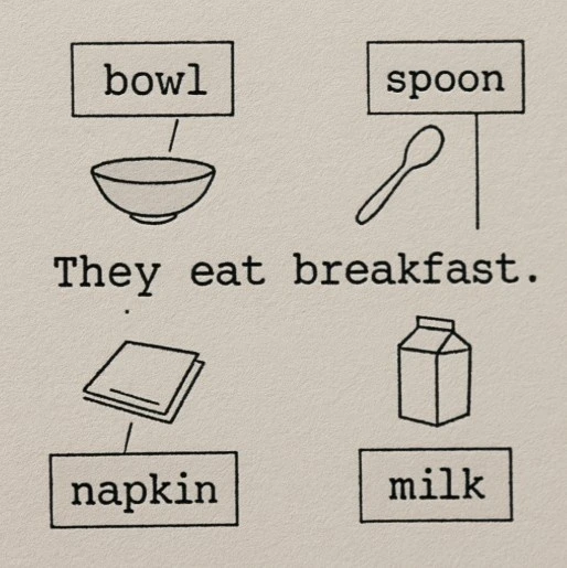 A close-up of a script sentence 'They eat breakfast' with call-out boxes pointing to 'bowl', 'spoon', 'milk', and 'napkin'.
