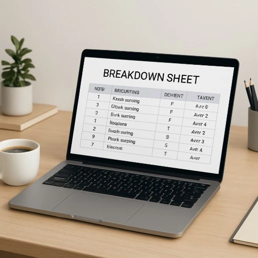 A clean, modern workspace featuring a laptop open to a digital breakdown sheet next to a cup of coffee.