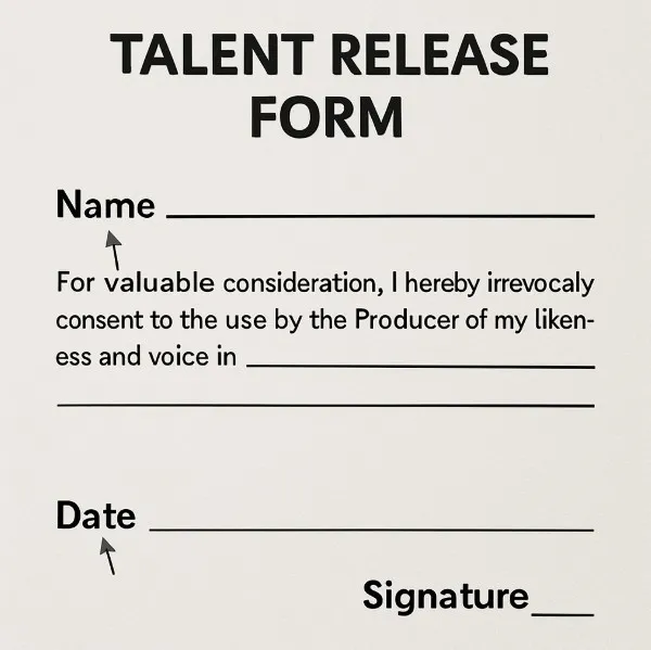A sample 'Talent Release Form' with clear annotations pointing to the 'Name,' 'Date,' and 'Signature' lines.