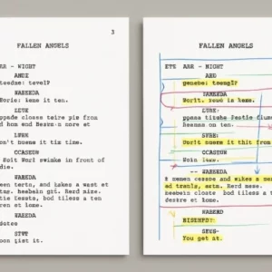 A side-by-side comparison of a clean script page and a 'lined' script page with colorful highlights and marginal notes.