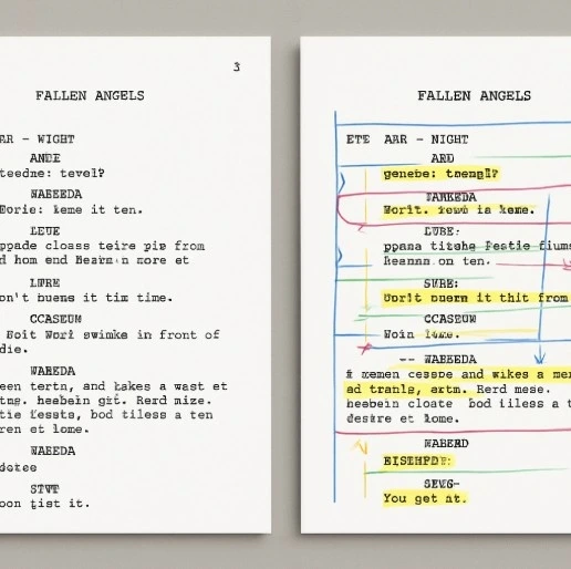 A side-by-side comparison of a clean script page and a 'lined' script page with colorful highlights and marginal notes.