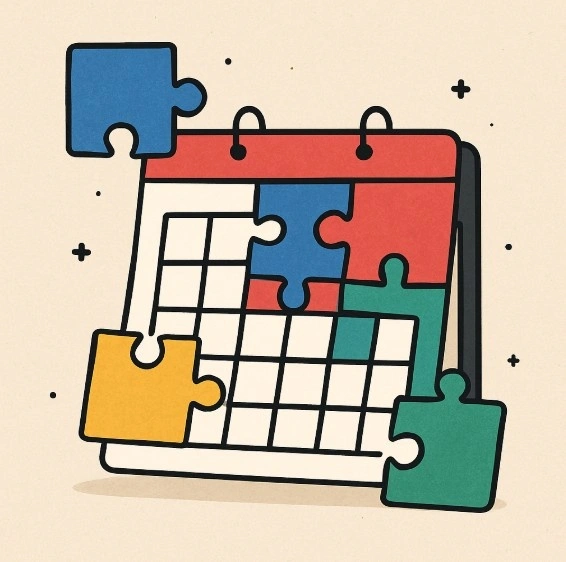 A visual representation of a 'Smart Jigsaw Puzzle' where colorful schedule blocks are snapping into place around a calendar.