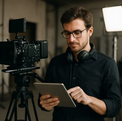 A high-quality photo of a filmmaker using a tablet on a film set, looking organized and professional.