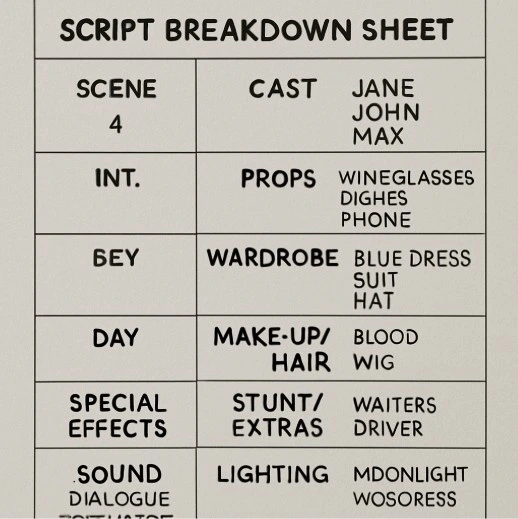 A close-up of a Script Breakdown Sheet showing the different category boxes and how elements are sorted into them.