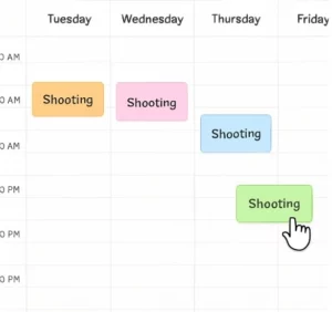 A clean digital calendar interface showing color-coded shooting blocks and 'drag-and-drop' functionality.