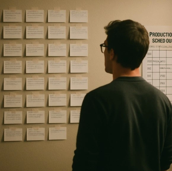 A filmmaker looking at a wall covered in organized index cards and a production calendar.