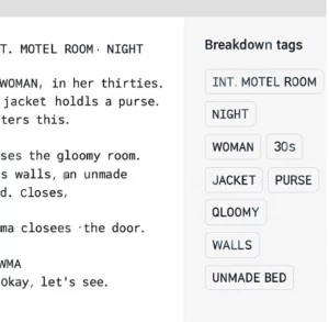 A clean interface showing a script on the left and automatically generated breakdown tags on the right.