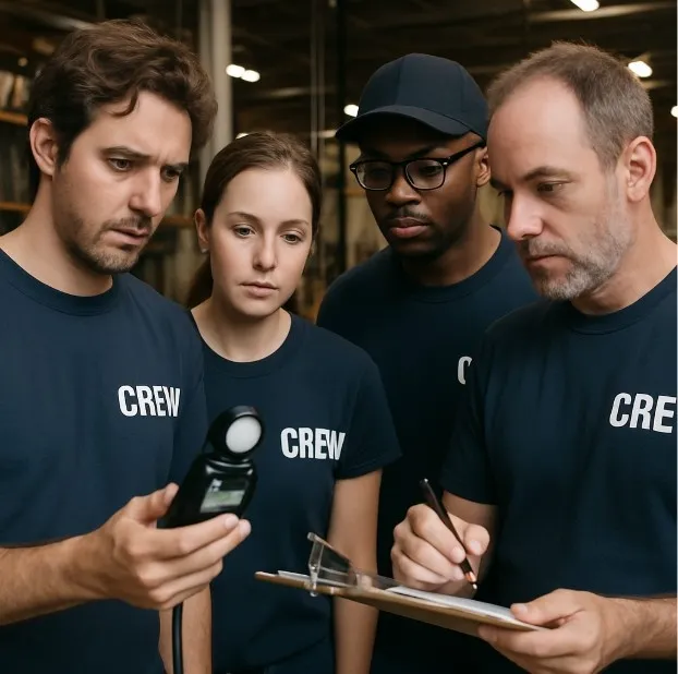 A group of crew members in a warehouse looking at a handheld light meter and taking notes on a clipboard.