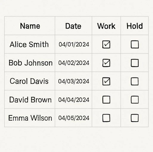 A simple, clean spreadsheet layout showing a few names and dates with 'Work' or 'Hold' boxes checked.