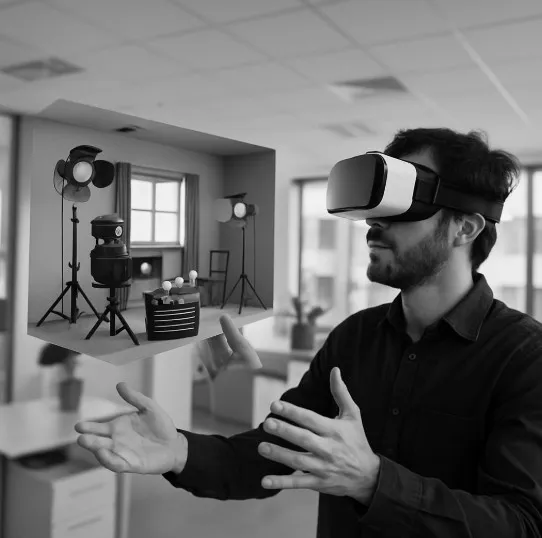 A filmmaker wearing a VR headset, gesturing toward a floating 3D movie set in a modern office environment.