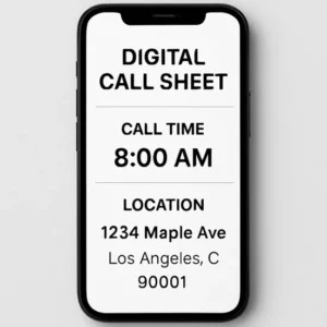 A clean visual showing a smartphone displaying a 'Digital Call Sheet' with easy-to-read time and location details.