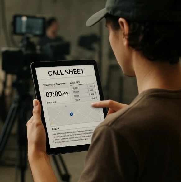 A production assistant using a tablet on a film set, showing a digital call sheet interface with maps and contact links.