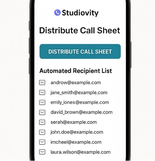 A smartphone screen showing the Studiovity app interface with a 'Distribute Call Sheet' button and automated recipient list.