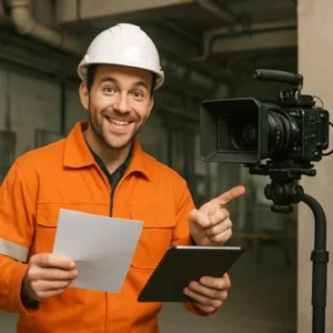 A friendly crew member holding a paper document in one hand and a tablet in the other, pointing toward a camera rig to represent communication.