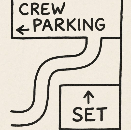 A simple, hand-drawn style map showing 'Crew Parking' and 'Set' locations with directional arrows.