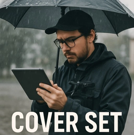 A filmmaker looking at a tablet under a rainy umbrella, illustrating the need for a 'Cover Set'.