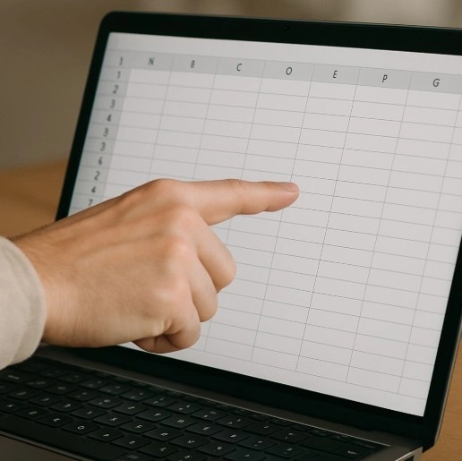 A close-up, high-quality photo of a hand pointing at a laptop screen showing a simple, clean spreadsheet.