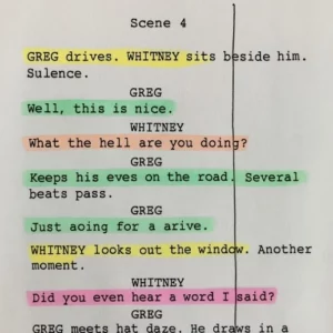 A photograph of a printed script page with various colored highlighter marks and a vertical line drawn through a scene.