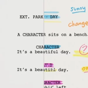 A clean script page on one side transitioning into a colorful, marked-up script with highlighter streaks on the other side.