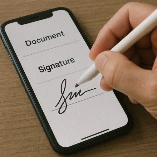 A close-up of a hand using a stylus to sign a digital document on a mobile device screen.