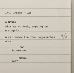A photo of a physical script page divided into eight equal horizontal segments using a ruler, with one scene marked as 4/8ths in the margin.