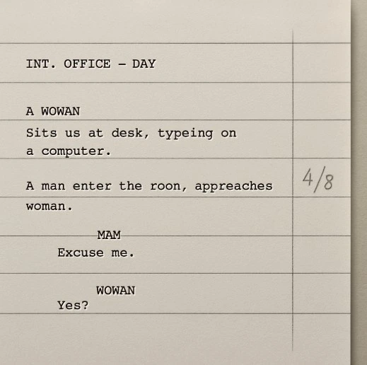 A photo of a physical script page divided into eight equal horizontal segments using a ruler, with one scene marked as 4/8ths in the margin.
