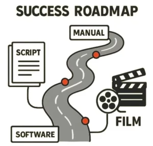 A 'Success Roadmap' graphic showing a path leading from a script to a finished film, with 'Manual' and 'Software' as two different lanes.