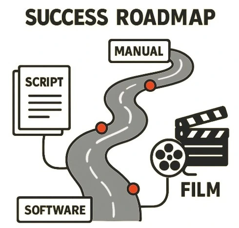 A 'Success Roadmap' graphic showing a path leading from a script to a finished film, with 'Manual' and 'Software' as two different lanes.