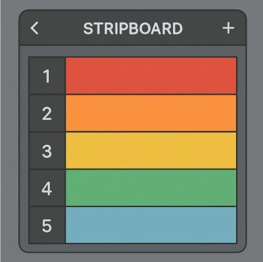 A simplified digital interface showing a 'stripboard' with various colored strips representing different scenes.