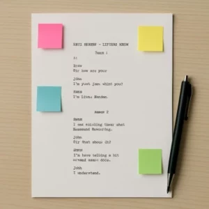 A clean, well-lit overhead shot of a physical script with colorful sticky notes and a pen, representing the manual 'free' method.