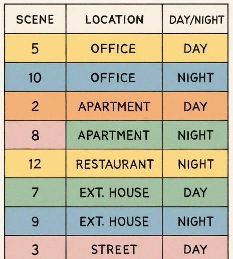 A 'Production Strip Board' showing different colored strips (Day/Night) rearranged to show how scenes are grouped by location.