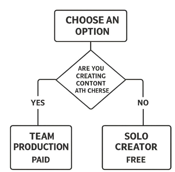 A simple decision tree graphic helping readers choose between 'Solo Creator' (Free) and 'Team Production' (Paid).
