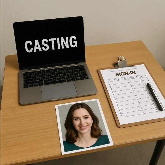 A small casting table with a laptop, a headshot, and a 'Sign-In' sheet for actors.